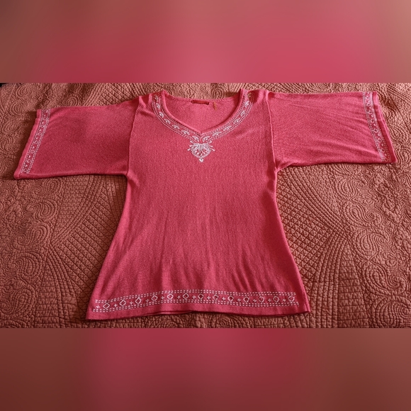 RED Boho V-Neck Tunic Top With Embroidered Collar and 3/4 Sleeves - Picture 6 of 12